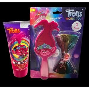 Trolls Hair Brush & Bow And Trolls Rock N Roll Mango Scented 6 Oz Shampoo New